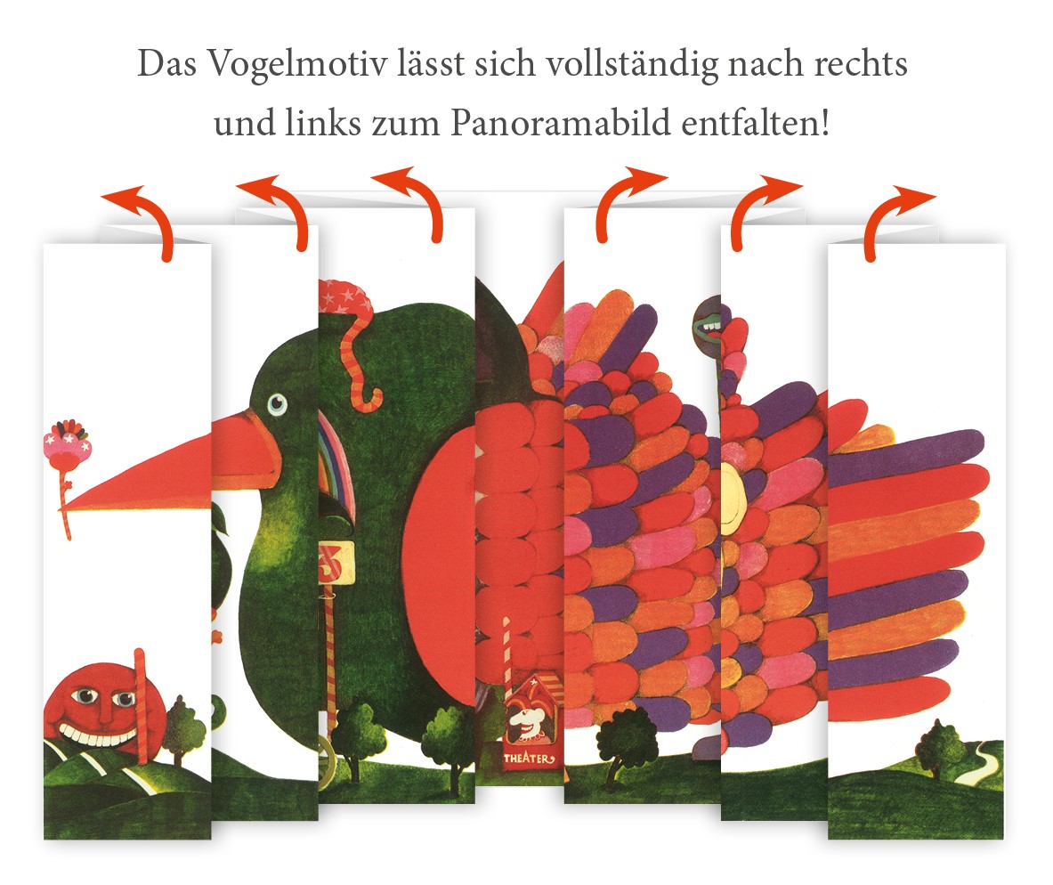 Das Vogelmotiv von „Schöner Vogel Firlefanz“ lässt sich vollständig nach rechts und links zum PAnoramabild entfalten.