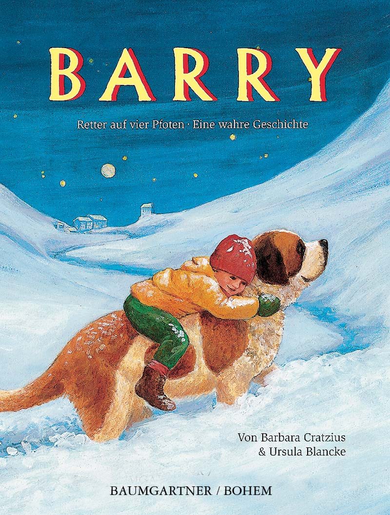 Rettungshund Barry im Einsatz, er trägt kleinen Jungen durch den Schnee