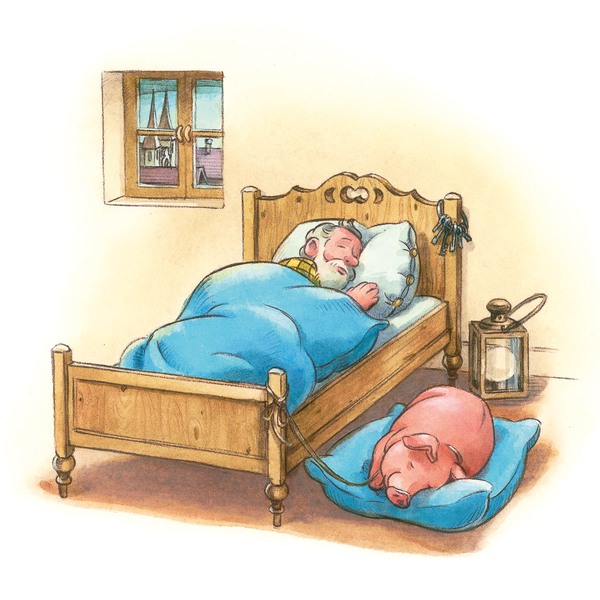 Nachtwächter schläft friedlich in seinem Bett, neben dem Bett liegt auf einem Kissen ein Schwein, welches friedlich schlummert