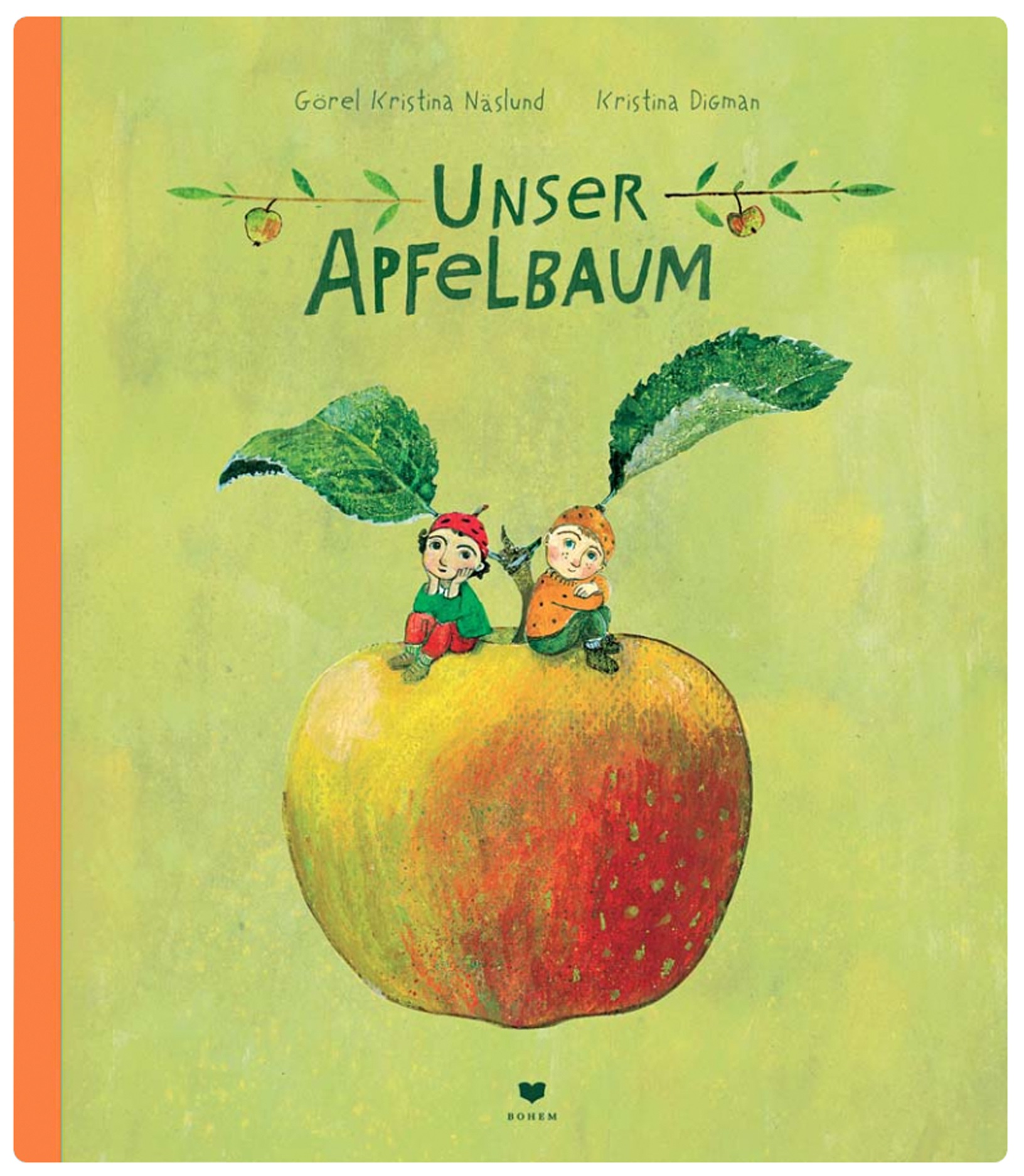 Zwei kleine Figuren sitzen auf einem Apfel.