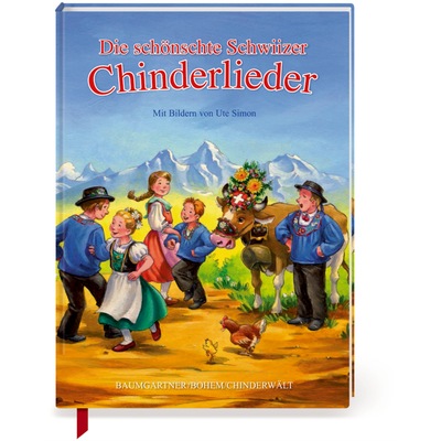 Fröhlich singende und tanzende Kinder vor den Bergen, daneben eine prächtig geschmückte Kuh mit singendem Mann
