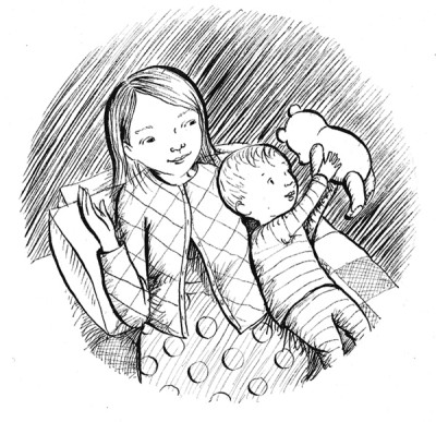 Zeichnung von Frau mit Baby, Baby hält einen Teddybären hoch in die Luft